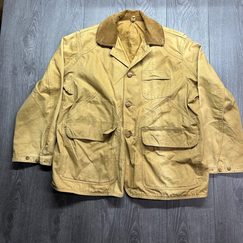 Vintage 60s JC Higgins Sears Canvas Hunting Jacket Tan Corduroy Collar Mens L